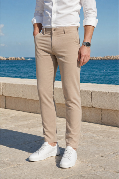 MODAMESTO Men's Beige Slim Fit Lycra Side Pocket Ankle Length Narrow Leg Clas...