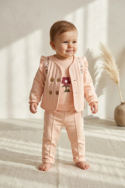 Hippıl Baby Baby Girl Floral Embroidered 3-Piece Set - Quilted Vest with Ruff...