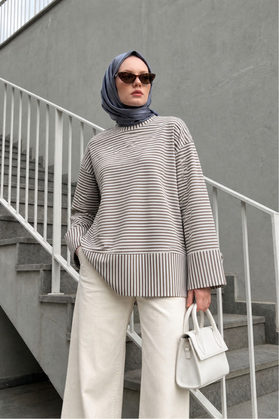 LENFORA Yırtmaçlı Çizgili Viskon Sweatshirt -Açık Kahverengi