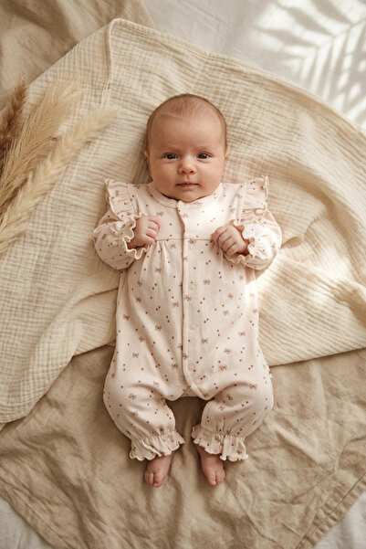 Babydonat Minik Fiyonk Desenli % 100 Pamuk, Omuz Detaylı 0-3 Ay Ayaksız Kız Bebek Tulumu