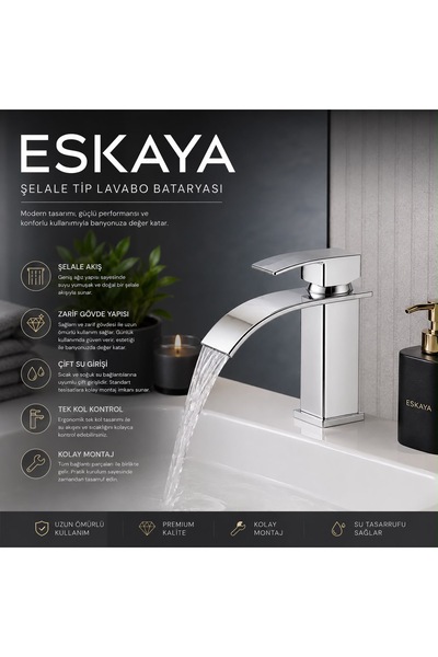 ESHOME ESKAYA Premium Krom 2’li Banyo Seti * ESKAYA Şelale Akışlı Lavabo Bataryası ve Robot Duş Seti