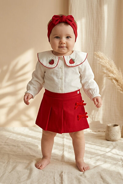Trolly Kids Baby Girl Strawberry Embroidered Linen Blouse and Bow Shorts Skir...