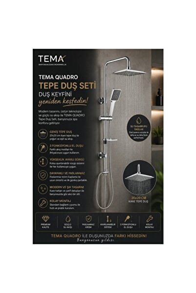 Tema Rain 1f Tepe Duş Seti Krom Renkli Yüksek Basınçlı Ergonomik Kullanım Öze...