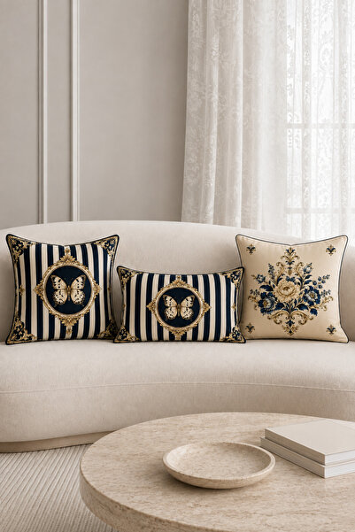 HOMESSA Striped Butterfly 3 Piece Decorative Throw Pillow Cover