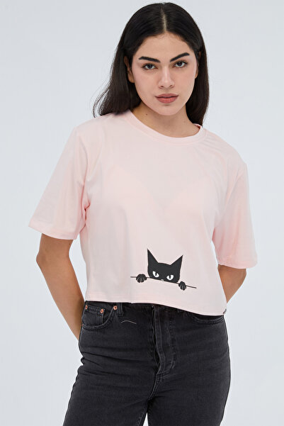 Siyah Kedi Baskılı Crop Basic T-Shirt