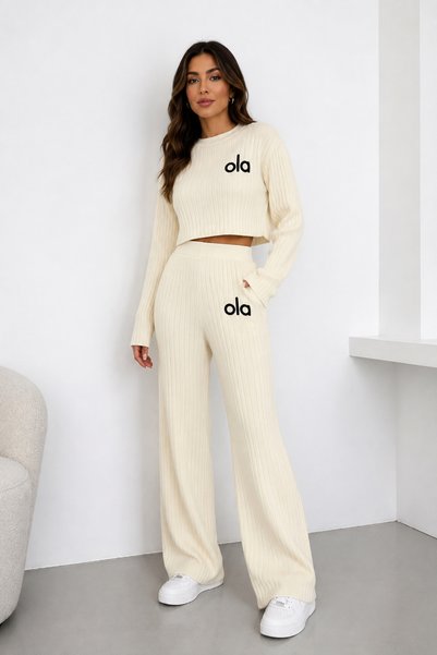 EMR Online Women's Knitwear Set, Finger-Looped Crop Blouse, High-Waisted Wide...