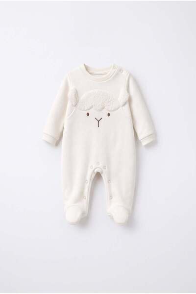 Magu Baby Cotton Lamb Appliqué Ecru Booties Jumpsuit