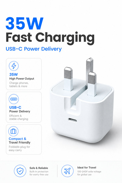 Generic Brand شاحن سريع USB‑C بقوة 35 واط، محول طاقة PD بقابس بريطاني قابل لل...