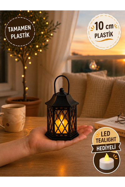 Filkorium3D 10 cm Plastik Dekoratif Fener – LED Tealight Hediyeli Şık Masaüstü Dekorasyon - Masaüstü Fener Dekoru