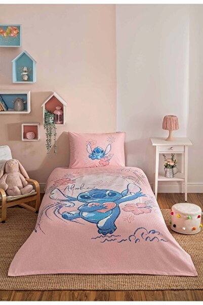 Özdilek Licensed Single Child Pique Set with Elastic Sheets - Stitch Aloha Pink