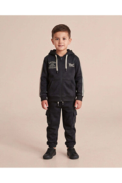 REDTAG Boys Black Printed Hooded Jogger Set