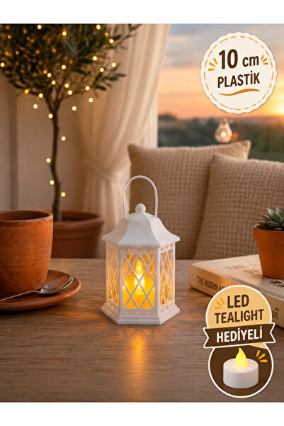 Filkorium3D 10 cm Plastik Dekoratif Fener – LED Tealight Hediyeli Şık Masaüstü Dekorasyon - Masaüstü Fener Dekoru