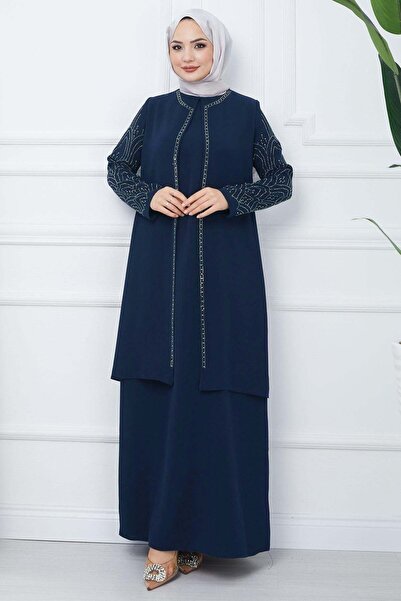 hafsamina Plus Size Mommy Dress with Stones on the Sleeves Indigo Hm2349