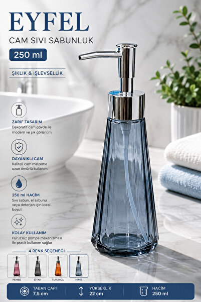 MAKRİ HOME Eyfel Glass Liquid Soap Dispenser 250 Ml, Blue, 7.5X22 cm