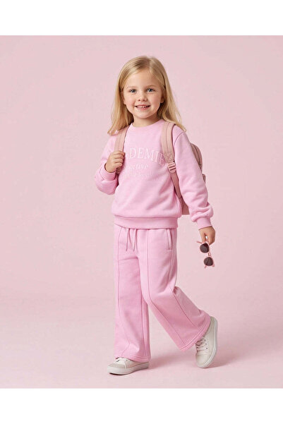 REDTAG Girls Pink Varsity Hoodie And Wide Leg Track Pants Jog Set
