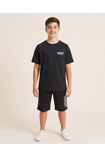 REDTAG Senior Boys Black Short Sleeve T-Shirt And Shorts Casual Set