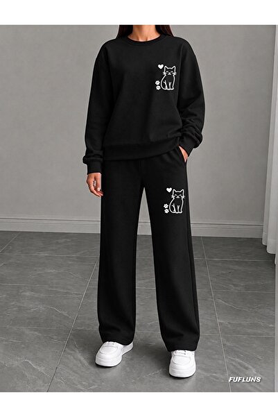 FUFLUNS Paw Heart Cat Printed Women's Cropped Crewneck Bottom/Upper Tracksuit...