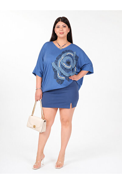 LA VELINA Plus Size Women's V-Neck Bat Sleeve Stylish Blouse with Stone and R...