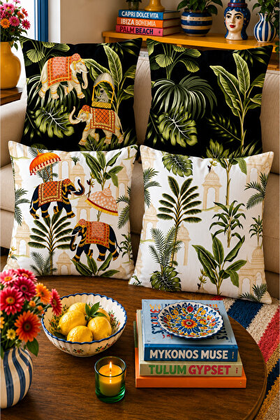 ASDİVA Tropical Elephant Pattern Decorative 4-Piece Throw Pillow Cover Set - ...