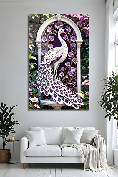 Parıltı Yayınları Tablou din sticlă cu figurină de păun mov și alb, decor mod...