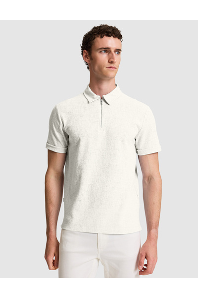 Pierre Cardin Ecru Slim Fit Zippered Polo Collar T-Shirt 50321152-Vr019