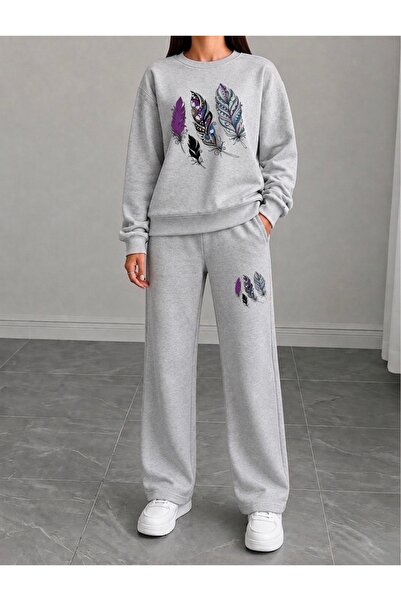 FUFLUNS Feather Printed Women's Tube-Collar Bottom/Top Sweat Suit