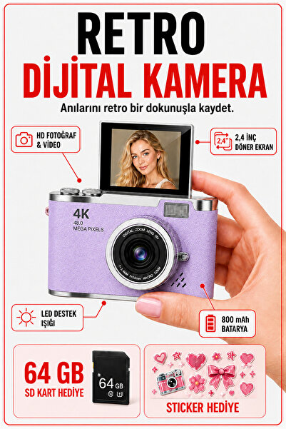 solvis 4K Dijital Retro Fotoğraf Makinesi 48MP 18X Zoom 180° Dönen Ekran Flaş...