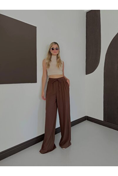 Miss Ženske palazzo pantalone od platna sa visokim strukom i elastičnim pojasom