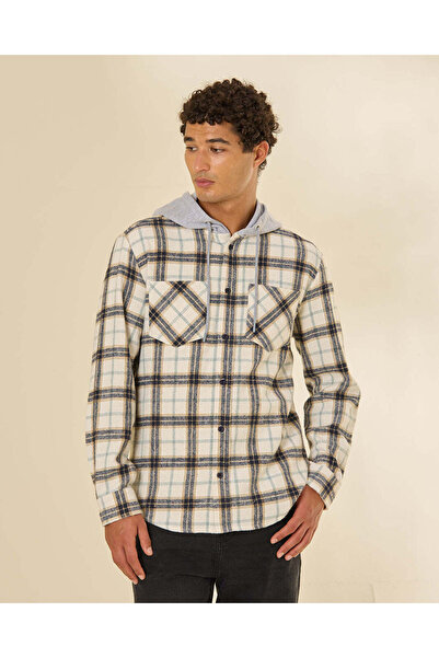 REDTAG Men Ivory Checkered Hooded Shirt