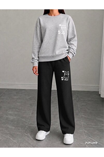 FUFLUNS Paw Heart Cat Printed Women's Cropped Crewneck Bottom/Upper Tracksuit...