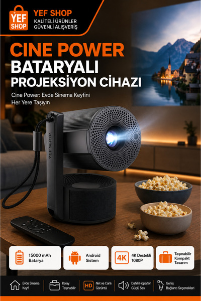 YEF SHOP Bataryalı Android Taşınabilir Projeksiyon Cihazı 4K Full HD Android ...