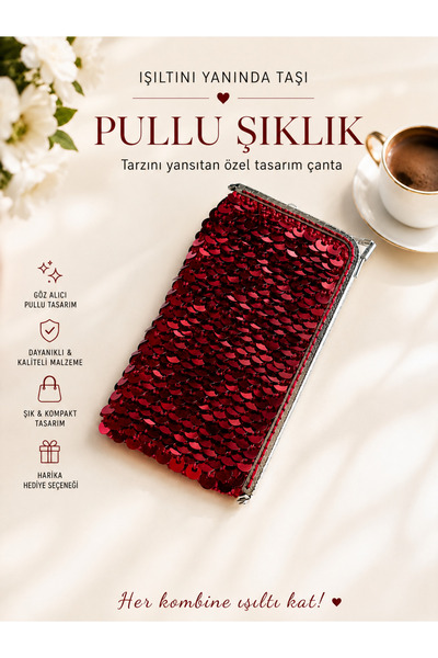 Kırmızı Payetli Cep Telefon Çantası