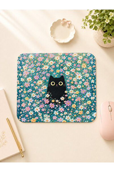 Pranvera Siyah Kedi Tasarımlı Çiçekli Mousepad - 19x23cm DTF Baskı Kedili Mou...