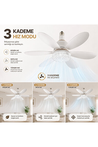 Merwish Tavan Vantilatörü 6 Kanatlı LED Aydınlatmalı 3 Kademeli Hız 3 Renk Işık Dimmer Özellikli Kristal Görünümlü