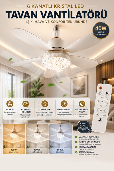 Merwish Tavan Vantilatörü 6 Kanatlı LED Aydınlatmalı 3 Kademeli Hız 3 Renk Işık Dimmer Özellikli Kristal Görünümlü