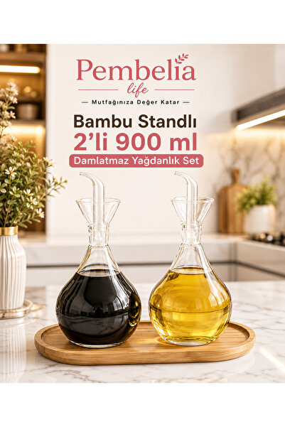 Pembelia Life Bambu Standlı 2’li 900 ml Damlatmaz Cam Yağdanlık Seti Ayçiçek Zeytinyağ Şişesi Yağlık Sirkelik Takım Çeyizlik Set