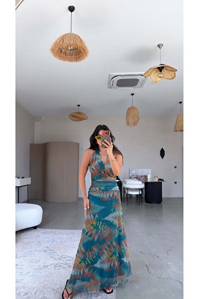 Buket Teke Turquoise Patterned Tulle Long Dress