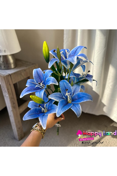 Happyland Yapay Çiçek Koyu Mavi Lilyum Demeti Tomurcuklu 9 Çiçekli 50 cm 1 Demet