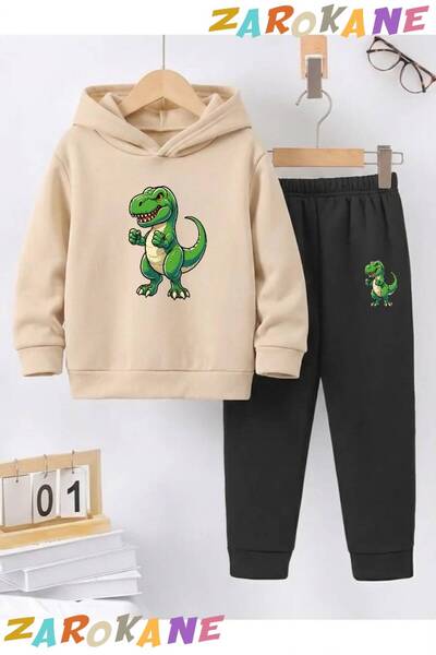 ZAROKANE Children's Winter Hooded Cotton Tracksuit Set with Single Dinosaur P...