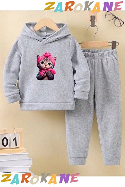 ZAROKANE Candy Cat Printed Winter Children's Hooded Cotton Insulated Tracksui...