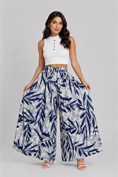 MİRA BUTİK Women's Elastic Waist Patterned Skirt Trousers with Pockets