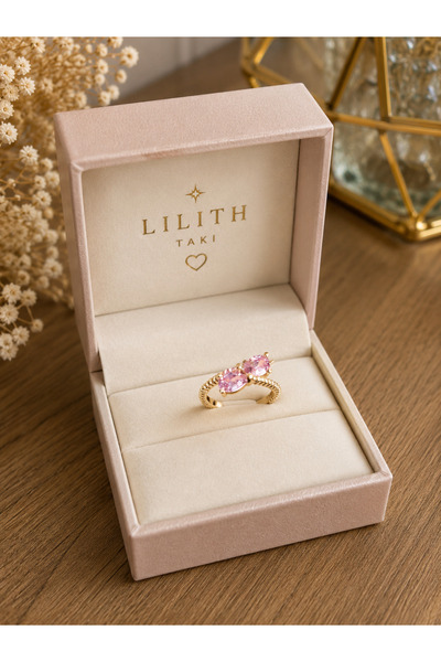 Lilith Takı Pink Stone Bow Model Gold Color Women's Ring – Elegant Double Sto...
