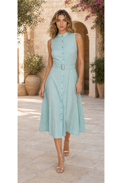 GLENDA Mint Breeze Kemerli Midi Elbise