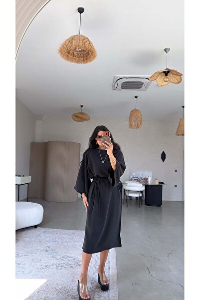 Buket Teke Black Bat Sleeve Waist Belted Tencel Dress