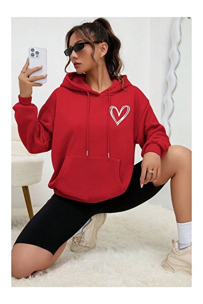 DAXİS Sportwear Company Heart Printed Women's Oversize Hooded Sweatshirt