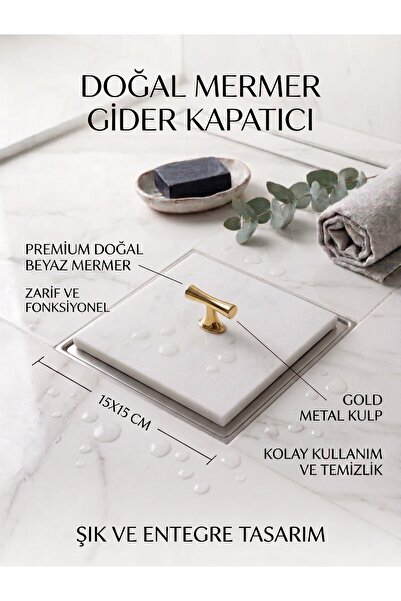 FARALYAHOME Premium Doğal 15x15 Cm Beyaz Mermer Banyo Gider Kapatıcı - Taju G...