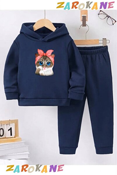 ZAROKANE Kid's Winter Cotton Hooded Tracksuit Set with Kitten Print (Bottom P...
