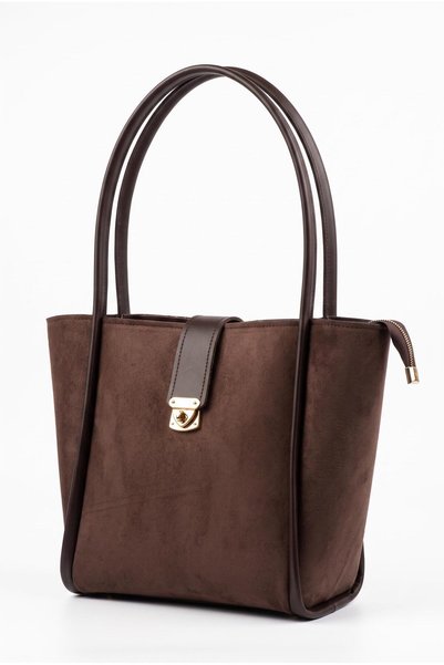 ROYAL LADYS Women's Bitter Brown Zippered Suede Shoulder Bag and Inner Makeup Bag Set - 2-Piece Set with Lock Detail