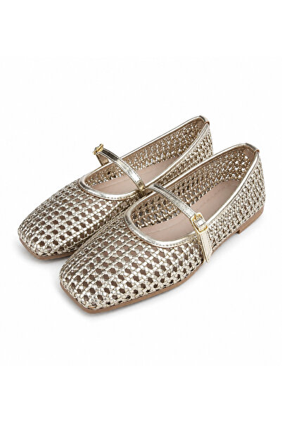 RoseVeno Women's Metallic Gold Knitted Mary Jane Casual Shoes Ballerinas