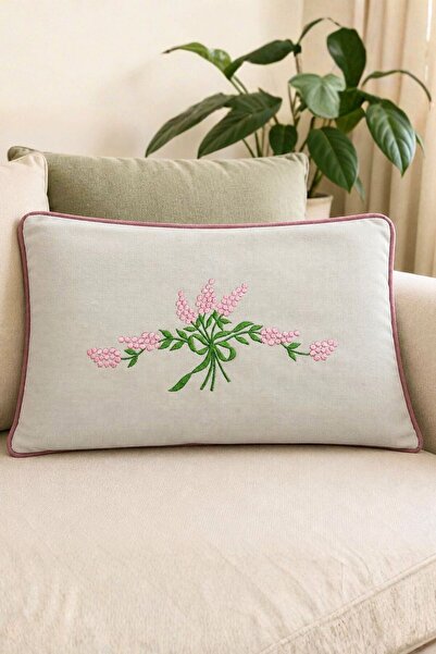 Elegancembroidery Pembe Lavanta Nakışlı Kadife Kırlent Kılıfı – Fitilli Krem ...